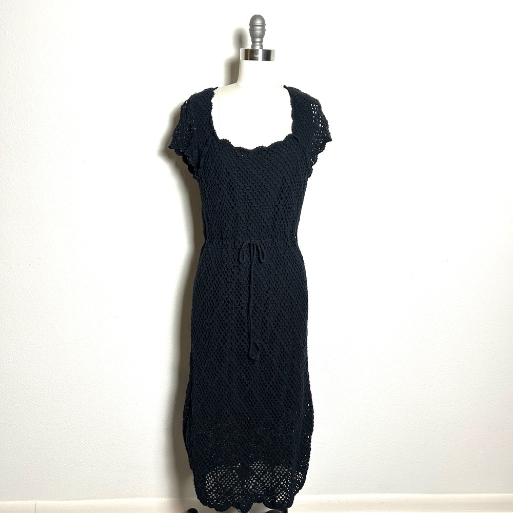 INC Black Cotton Crochet Knit Short Sleeve Midi Dress Women Size Large L Y2K
